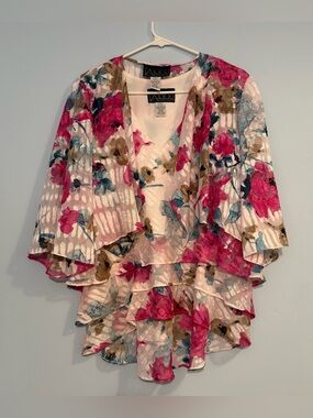 Alex Evenings SET Floral Ruffled Top in Pink and Blue Matching Sheer Coverup LG